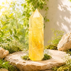 May include: A tall, hexagonal citrine crystal point with a translucent, golden-yellow hue. The polished quartz tower features natural internal inclusions and a sharp, faceted apex, standing upright as a singular, clear, and vibrant mineral specimen.