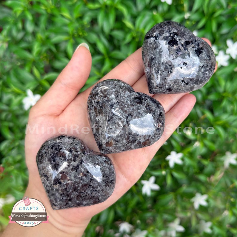 Puede incluir: Tres piedras pulidas en forma de coraz&oacute;n con un patr&oacute;n moteado gris y negro se sostienen en una mano. Las piedras son lisas y reflectantes, con una apariencia natural. El fondo es un verde exuberante con flores blancas.