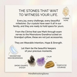May include: A white informational card featuring illustrations of crystals including a yellow citrine, a blue moonstone, a dark smoky quartz, a purple amethyst, and a brown tiger's eye. The text reads: THE STONES THAT WAIT TO WITNESS YOUR LIFE.