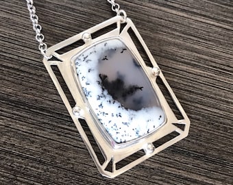 Dendritic Opal Pendant Necklace/Handmade Necklace/Dendritic Silver Necklace/Dendritic Geometric Necklace/Large Stone Necklace/ Pendant