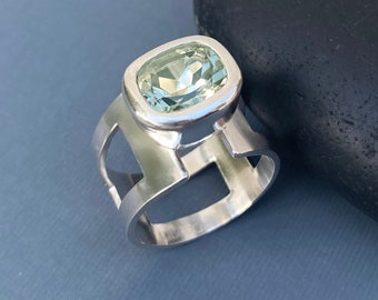 Prasiolite Solitaire Ring/Thick Bezel Setting/Green Amethyst Ring/925 Silver/Natural Gemstone/Cushion Cut/Wide Open Band/High Mount Setting