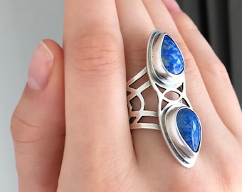 Lapis Lazuli Ring/Bold Statement Ring/Double Stone Silver Ring/Arrow Ring/Large Art Ring/Open Work Ring/Large Ring/Ethnic Ring/Gothic Ring