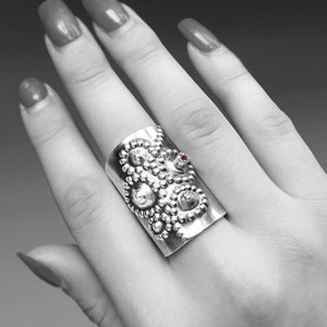 Cigar Band Ring/Sterling Silver Wide Band Ring/Large Band Ring/Pink Tormaline Gemstone Ring/Hand Textured Ring/Dots Ring/Large Silver Band
