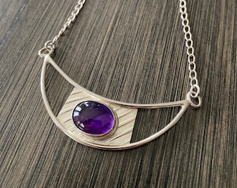 Amethyst Silver Moon Pendant Necklace Modern Contemporary Design Artist Design Art Jewelry One of a KInd