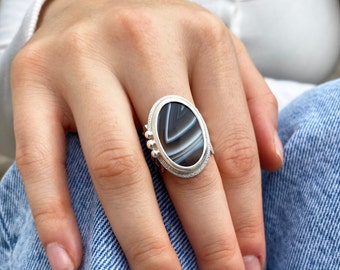 Botswana Agate Oval Ring/Botswana Agate Silver Ring/Silver Saw Work Ring/ Statement Ring/Botswana Ring/Geometric Ring Band/Intricate Ring