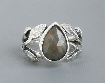 Sapphire Ring Organic Vine Leaf Design Sterling Silver Natural Coloured and Faceted Sapphire