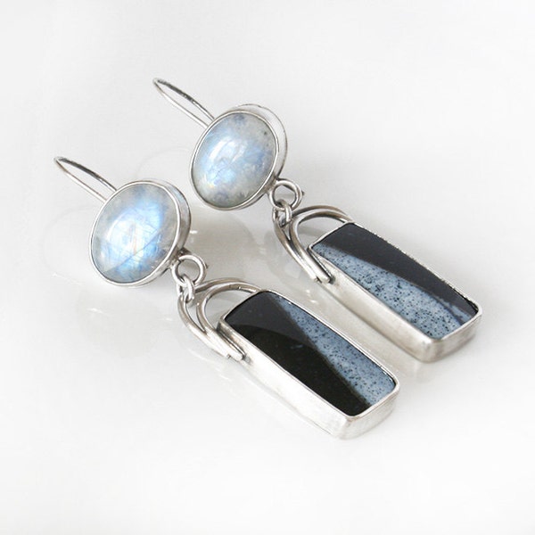 Dendritic Agate Long Dangle Earrings Art Jewelry Modern Design Statement Jewelry