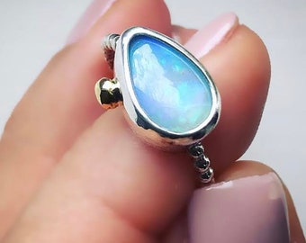 Ethiopian Opal Ring Silver and Gold  18k Gold Accent Ring Mixed Metal Opal Ring One of a Kind Natural Genuine Opal Ring