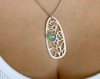 Floral Silver Pendant/Genuine Opal Flower Pattern Necklace/Open Work Floral Pendant/OOAK Flower Necklace/Unique Silver Floral Pendant