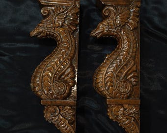 Hand-Carved Dragon Corbels – Solid Wood Gothic Shelf Supports (Pair)