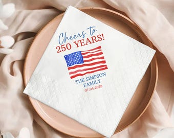Personalized America 250 Napkins, USA 250th Anniversary Party Decor, Patriotic Cocktail Napkins, Fourth of July Celebration Favor