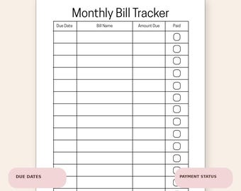 Monthly Bill Tracker Printable | Bill Payment Checklist | Budget Planner | Finance Organizer | Monthly Budget Worksheet | Digital Download