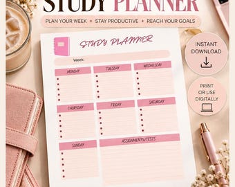 Pink Aesthetic Study Planner | Weekly Student Organizer (PDF Digital Download)