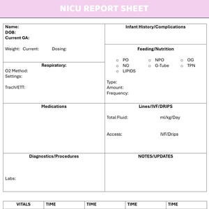 以下が含まれることがあります： 新生児集中治療室（NICU）の報告シート。患者情報、乳児の病歴、栄養、投薬、バイタルサインのセクションがあります。シートには、体温、心拍数、その他の重要なデータを記録するためのスペースが含まれています。「NICU REPORT SHEET」というタイトルが上部にあります。
