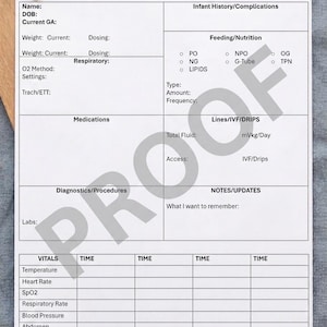 May include: A NICU Report Sheet with sections for infant history, feeding, medications, and vital signs. The sheet includes spaces for recording weight, respiratory information, and notes. A gold binder clip holds the sheet.