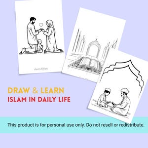 Draw & learn about Islamic values, Digital Coloring book for muslim kids, 25 pages, Islamic activity book for kids