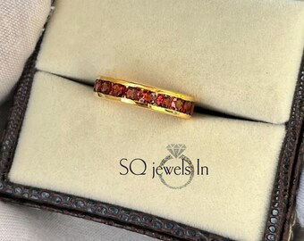 Red Garnet Eternity Wedding Band 925 Sterling Silver, Round Cut Red Gemstone Channel Set Ring, Gold Plated Stacking Anniversary Promise Ring