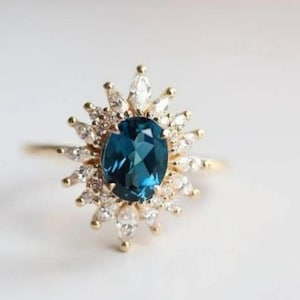 Natural London Topaz Marquise Halo Ring, 14k Gold Topaz Ring, December Birthstone, Beautiful Handmade Blue Topaz With Marquise Accents Ring