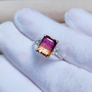 Emerald Cut Ametrine Ring, 925 Sterling Silver Ring, Beautiful Ametrine Trio Ring, Ametrine Handmade Ring, Solitaire With Accents Ring