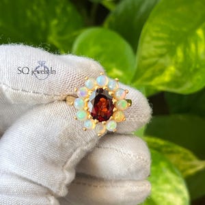Garnet & Opal Flower Ring in 14k Gold Vermeil