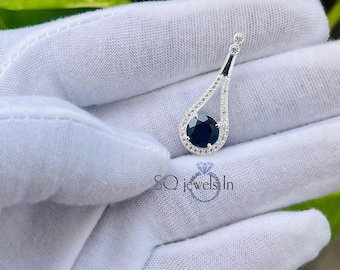 Blue Sapphire Pendant, 925 Sterling Silver Necklace, Teardrop Loop Gemstone Necklace, Round Blue Sapphire Charm, Unique Gift for Her