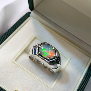 AAA Faceted Fire Opal Ring, Natural Opal Men&#39;s Ring, 925 Sterling Silver Handmade Ring, October Birthstone Ring, Gift For Him, Men&#39;s Ring