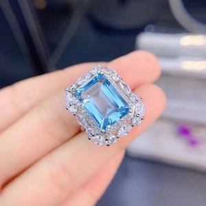 Luxury Natural Swiss Blue Topaz Emerald Cut Ring, 925 Sterling Silver Marquise Halo Ring December Birthstone Cocktail Ring For Her/Women