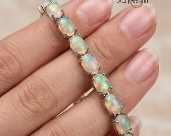Fire Opal Tennis Bracelet, 925 Sterling Silver, October Birthstone