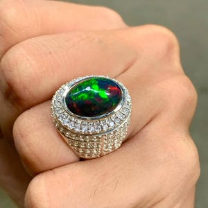 Fire Opal Men&#39;s Ring, Natural Black Multi Fire Opal Mens Ring, 925 Solid Silver Mens Ring, Genuine Opal With Accents Ring Wedding Men&#39;s Ring
