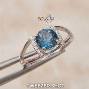Round London Blue Topaz Ring 925 Sterling Silver, Round Cut Blue Gemstone Bridge Ring, Geometric Split Shank Pave Engagement Band Gift Her