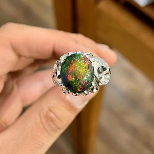 Natural Black Fire Opal Men&#39;s Ring, 925 Sterling Silver Multi Fire Opal Men&#39;s Ring, October Birthstone Ring For Him, Multi Fire Opal Ring