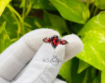 Pear Cut Red Garnet Ring 925 Sterling Silver Dainty Three Stone Teardrop Gemstone Ring Vintage Trilogy Promise Ring Wedding Anniversary Gift