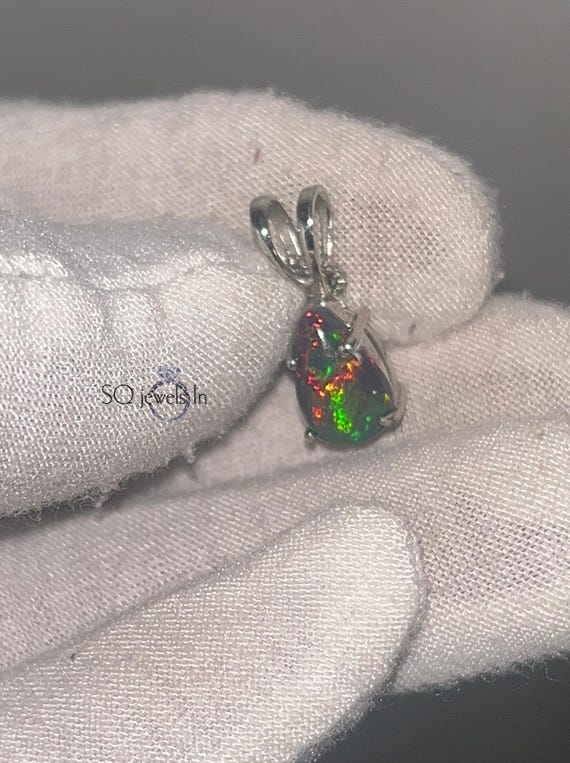 Black Opal Pendant, 925 Sterling Silver Natural Black Ethiopian Opal Pear Pendant, Teardrop Opal Charm Necklace, October Birthstone Gift Her