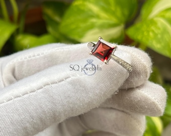 Square Cut Red Garnet Engagement Ring 925 Sterling Silver, Square Red Gemstone Solitaire Ring, Classic Pavé Accent Promise Ring For Her