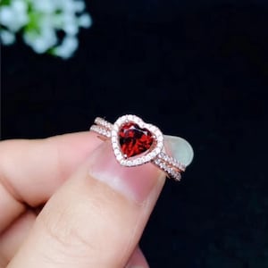 Natural Red Garnet Beautiful Heart Shape Ring, 14k Rose Gold & 925 Sterling Silver Heart Cut Gemstone Ring, January Birthstone Garnet Ring