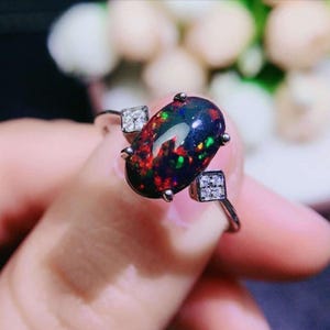 Natural Fire Black Opal Ring, 925 Sterling Silver Handmade Black Opal Ring, October Birthstone Ring, Beautiful Multi Opal Ring For Her/Women
