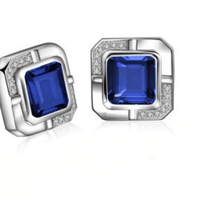 Dainty Blue Sapphire Cuff links, 925 Sterling Silver Blue Sapphire Square Cut Unique Cufflinks, September Birthstone Blue Sapphire Cufflinks