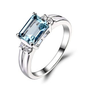 Natural Aquamarine Emerald Cut Ring, 925 Sterling Silver Beautiful Emerald Cut Gemstone Ring For Her, March Birthstone Ring, Engagement Ring