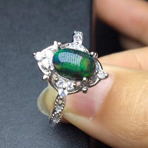 Natural Fire Black Opal Ring, Black Opal Ring, October Birthstone Ring, 925 Sterling Silver Beautiful Opal Cabochon Halo Ring For Her/Women