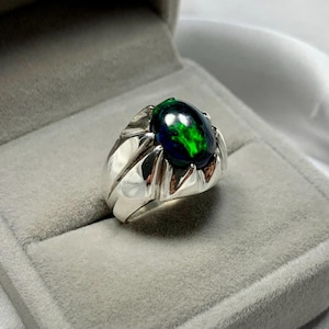 AAA+ Black Opal Ring, Natural Black Opal Mens Ring, 925Sterling Silver Handmade Ring, October Birthstone Ring, Gift For Him, Opal Men&#39;s Ring