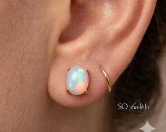 Natural Fire Opal Stud Earrings, 14k Gold Sterling Silver, October Birthstone