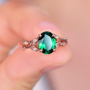 Dainty Emerald Ring, 925 Sterling Silver Leaf Oval Cut Handmade Ring For Her, May Birthstone Emerald Ring, Wedding Ring For Her/Women