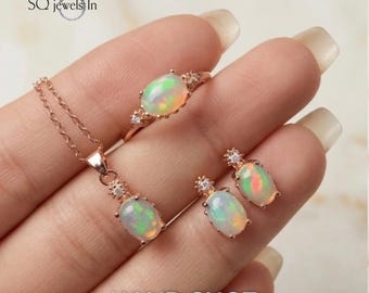 Conjunto de joyas de ópalo de fuego, plata de ley 925, cabujón ovalado minimalista