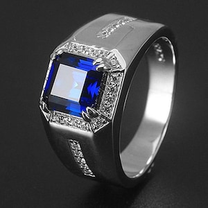Dainty Blue Sapphire Men&#39;s Ring, 925 Sterling Silver Blue Sapphire Square Cut Unique Men&#39;s Ring, September Birthstone Ring, Gift For Him