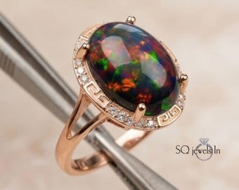ブラックオパールリング、14Kローズゴールドオーバル天然ブラックエチオピアンオパールリング、グリークキーハローアクセントリング、10月の誕生石ギフト（女性向け）