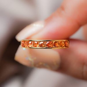 Dainty Yellow Citrine Half Band Ring, 14k Gold Wedding Band, November Birthstone Citrine Half Eternity, Dainty Channel Set Band For Her
