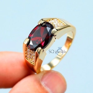 Natural Garnet Men&#39;s Ring, 925 Sterling Silver Men&#39;s Garnet Ring, January Birthstone Oval Cut Ring For Him, Wedding Men&#39;s Ring