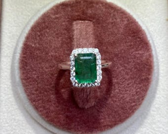 2Ct Natural Genuine Emerald Ring, 925 Sterling Silver Emerald Cut Halo Ring, May Birthstone Green Emerald Ring, Wedding Ring, Ring For Her