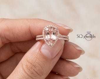 Anillo de morganita rosa con halo de corte de pera, plata de ley en oro rosa