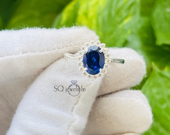 Blue Sapphire Halo Ring, Oval Cut Sterling Silver, September Birthstone